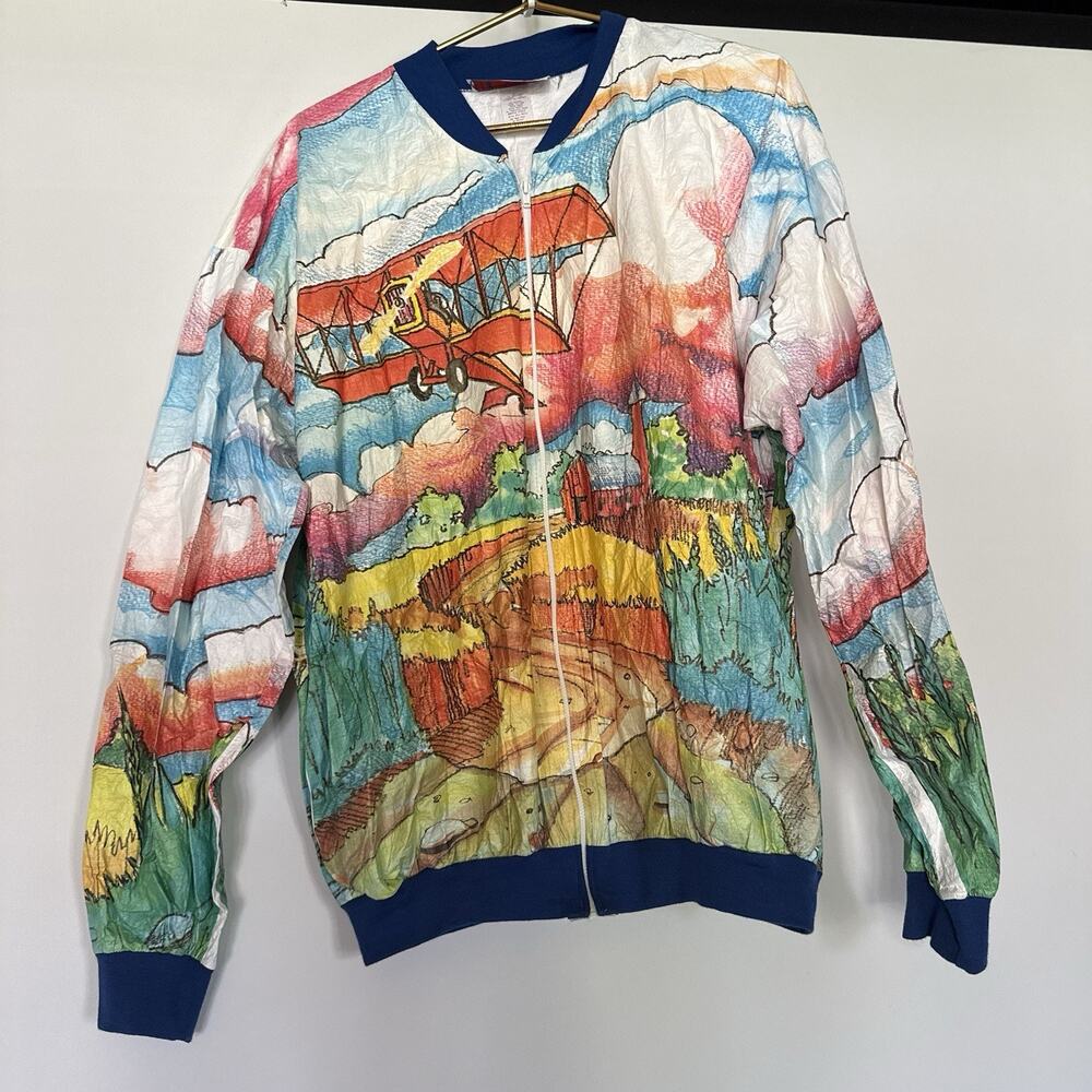 Vintage TY Breakers Tyvek Bomber Jacket Barnstormer Airplane Scenic Large